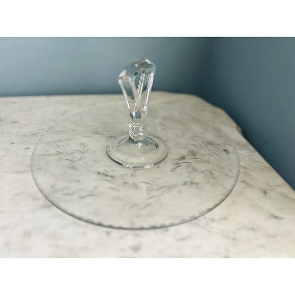 Vintage Tidbit 11” Serving Tray Dish Etched Glass Handle Floral Scallop Trim - Picture 13 of 16